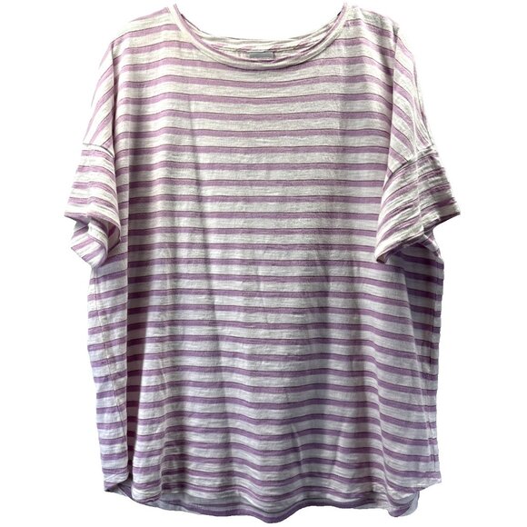 Chicos Women's Top Size Large Purple White Stripe Pullover Short Sleeve Boxy - Picture 1 of 5